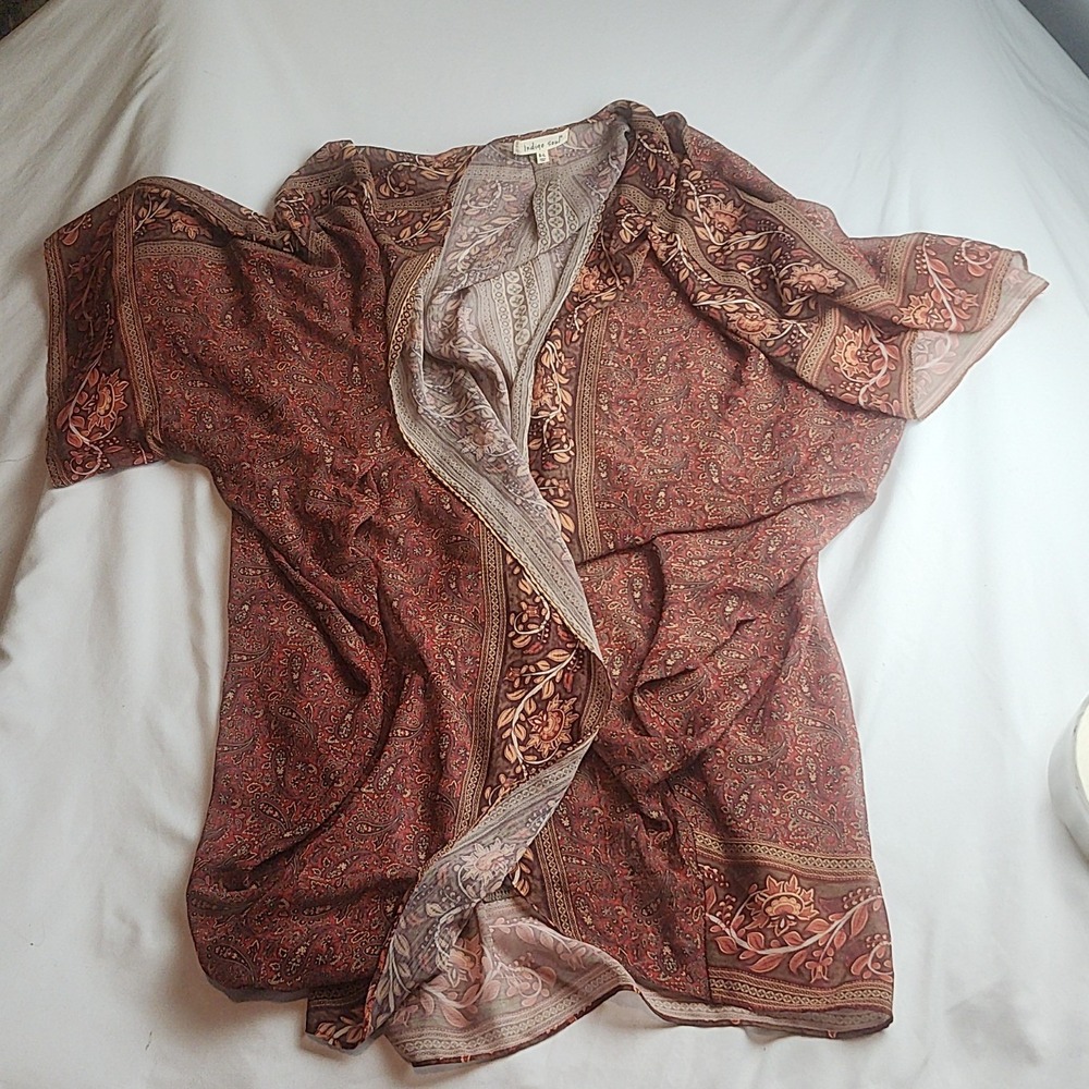 Indigo Soul Kimono Cardigan Paisley Floral Print Burgundy Women's Size S-L